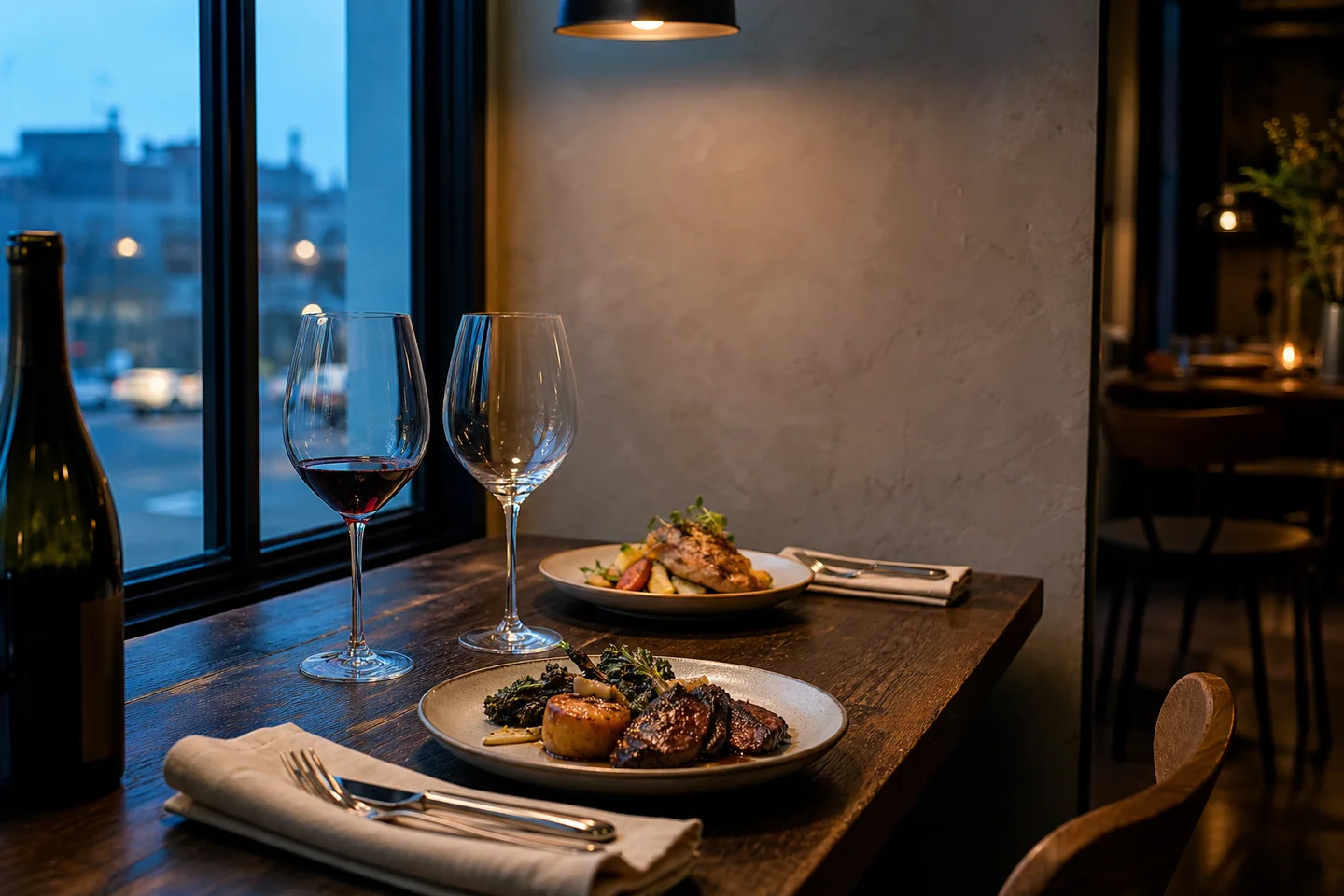 Wine pairing table at dusk